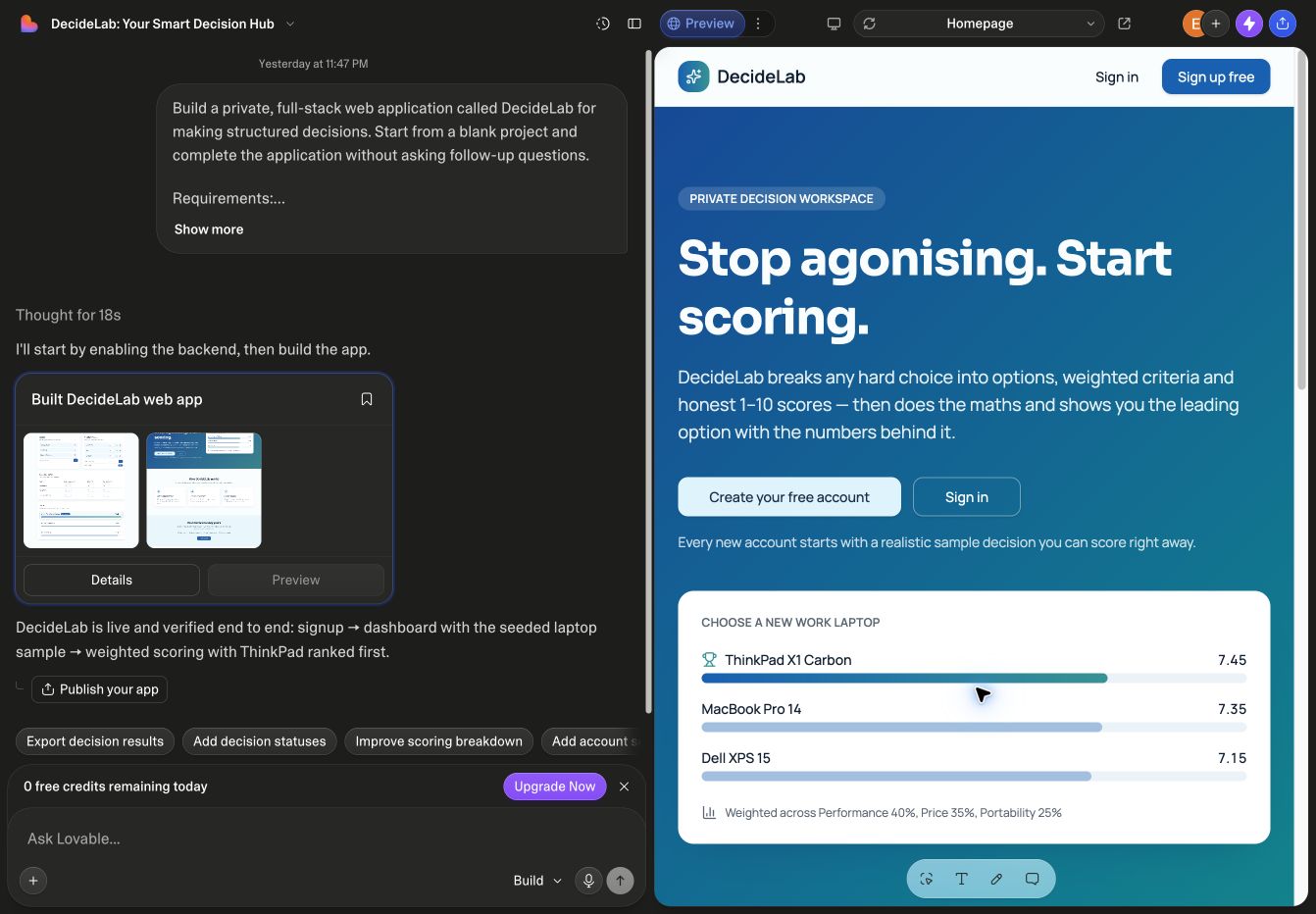 Lovable builder showing the generated DecideLab landing page with a polished blue and teal hero