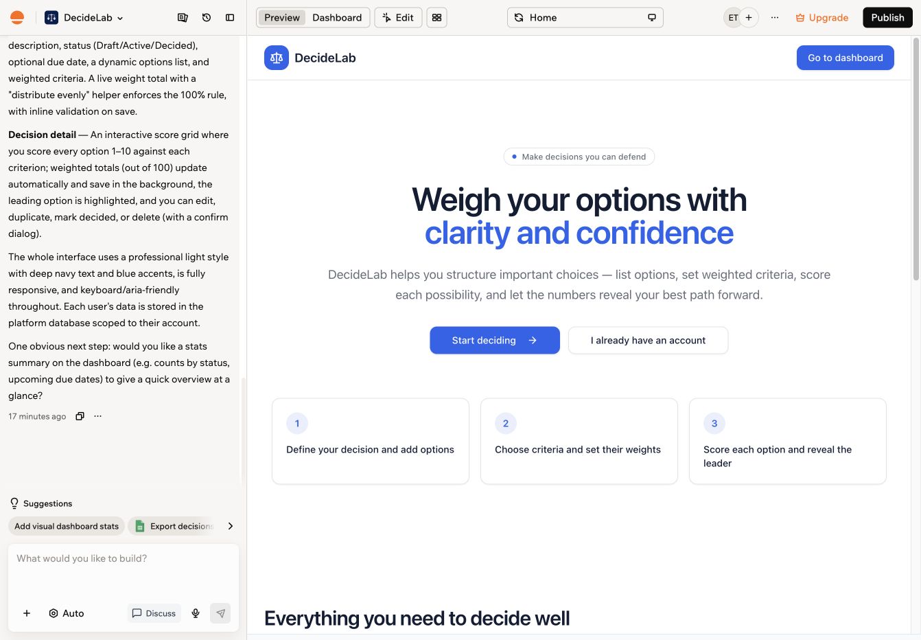 Base44 builder showing the generated DecideLab landing page in preview, with a Weigh your options with clarity and confidence hero and a three-step how-it-works row