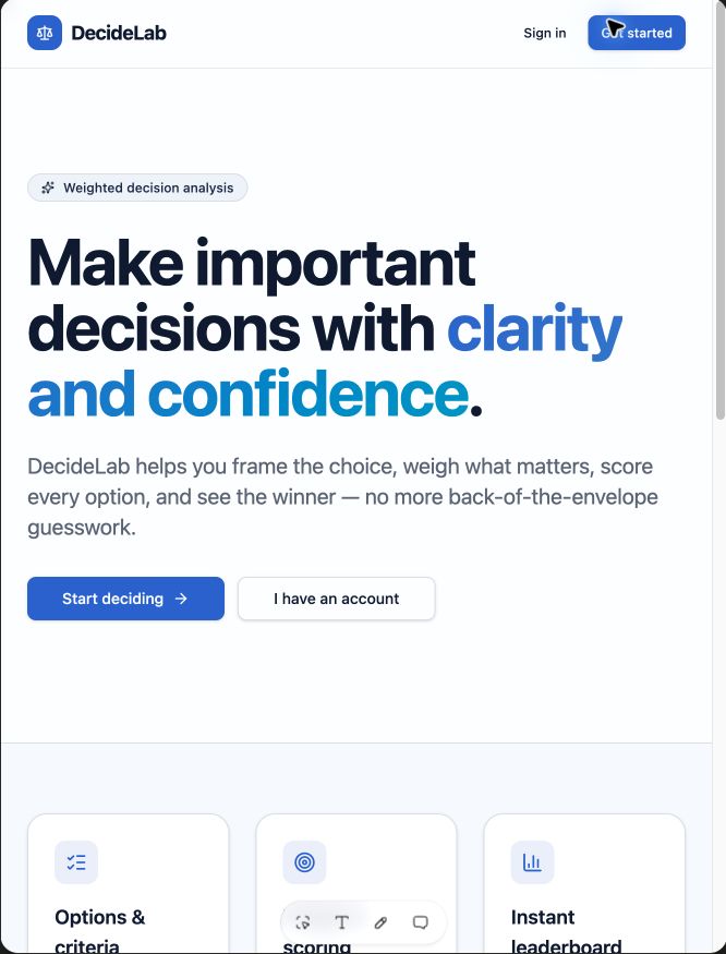 Lovable-generated DecideLab landing page preview, showing a Make important decisions with clarity and confidence hero, a weighted decision analysis badge, and Start deciding and I have an account buttons