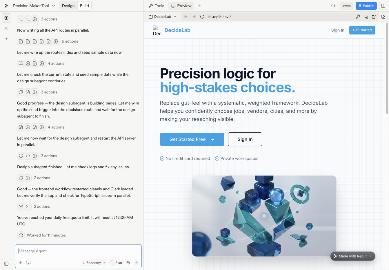Replit builder showing the generated DecideLab landing page after 11 minutes of agent work